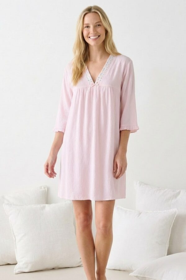 chemise de nuit coton femme rose manches 3/4 col V brodé