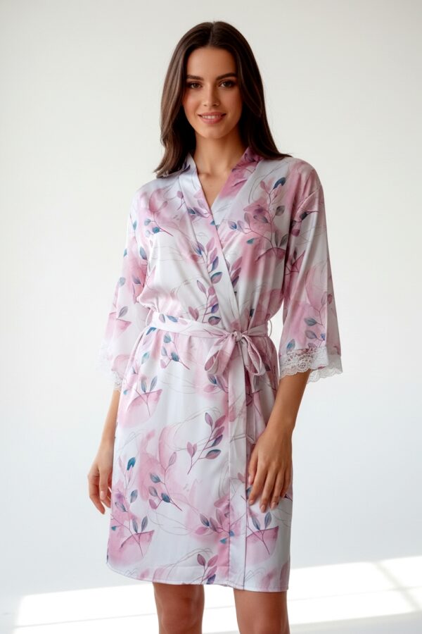 Déshabillé kimono satiné rose fleuri pour femme, ceinturé, LiseBell