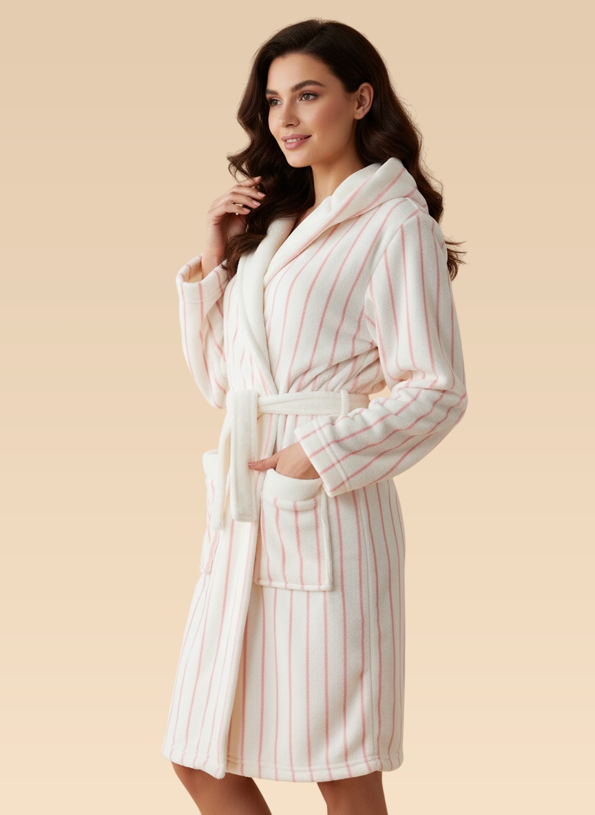 Robe de chambre à capuche femme rayures roses, LiseBell