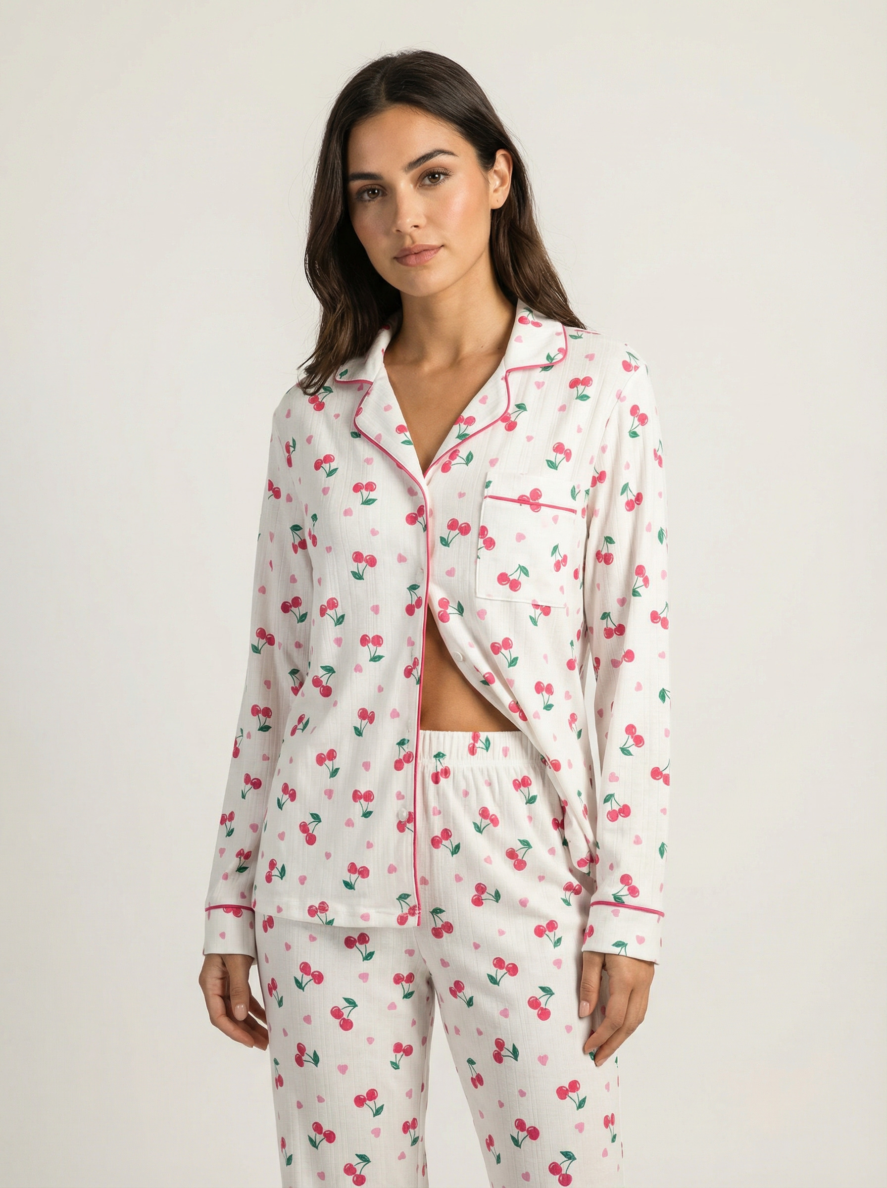 Pyjama femme doux imprimé cerises blanc