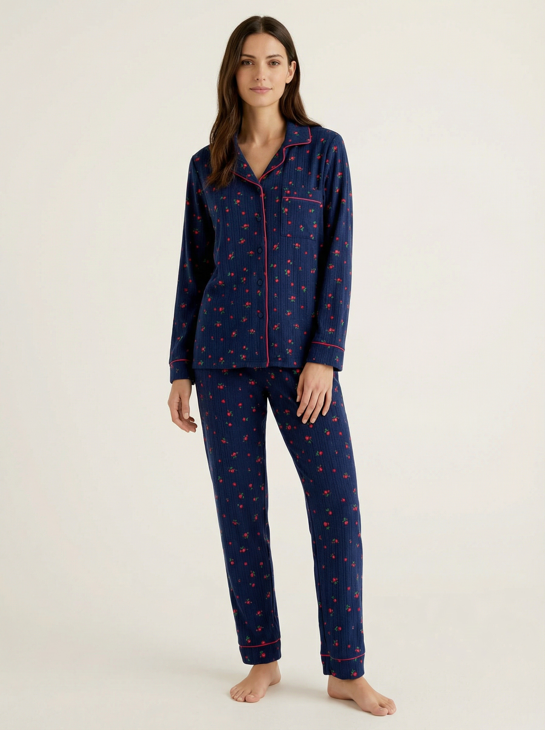 Pyjama femme doux imprimé floral bleu marine