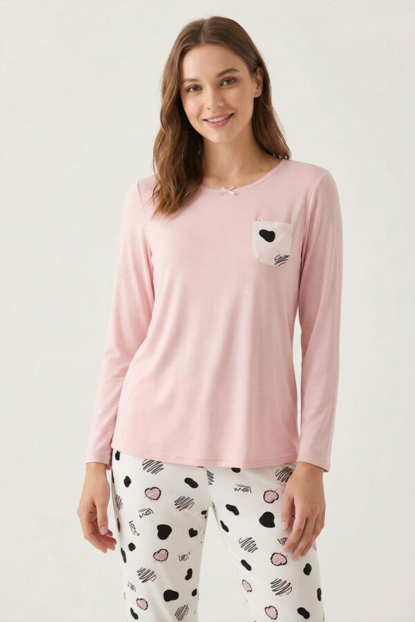 Pyjama femme modal ultra doux manches longues imprimé cœurs noir bleu rose LiseBell