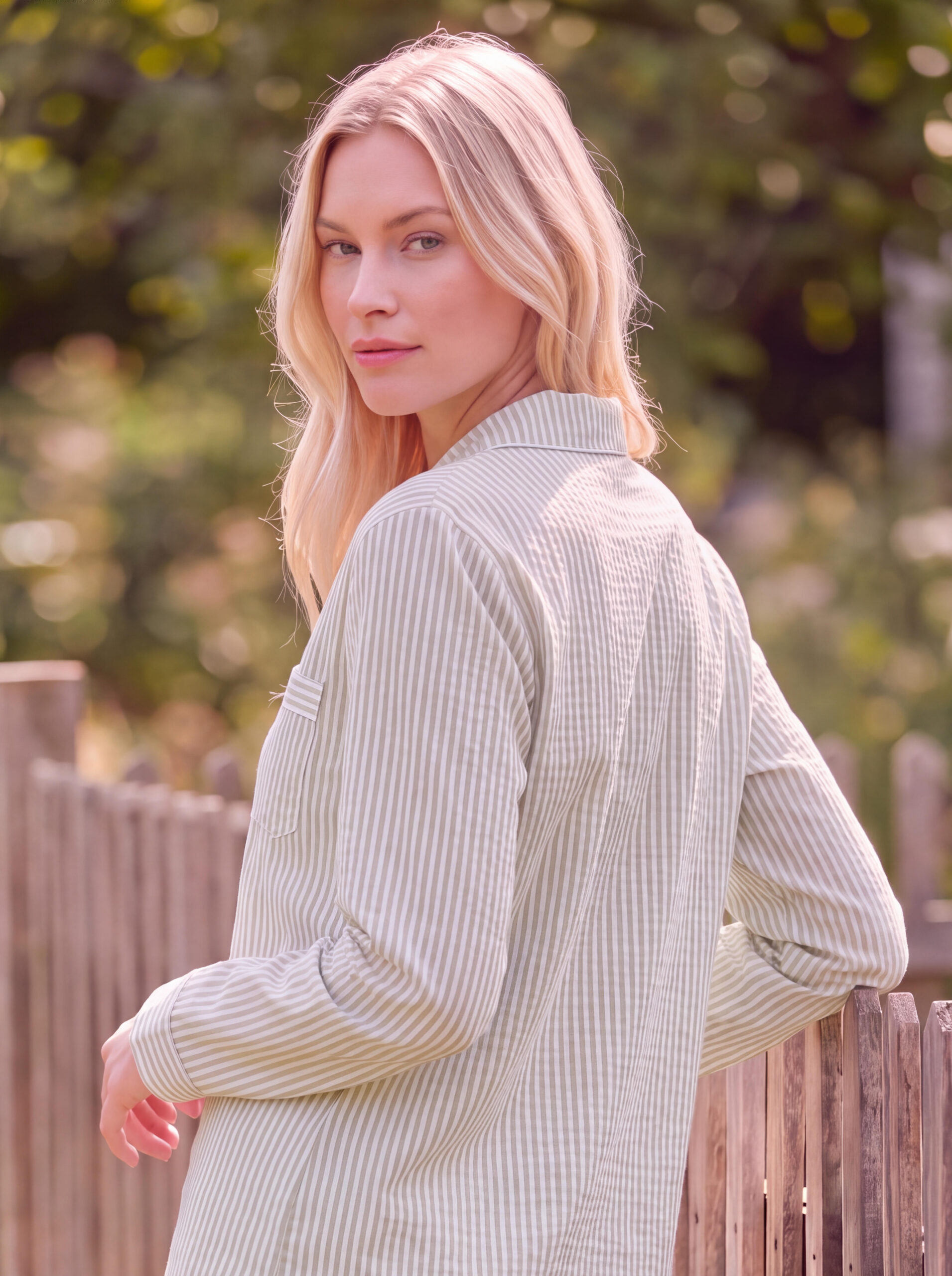 Pyjama femme vert à rayures, 100 % coton