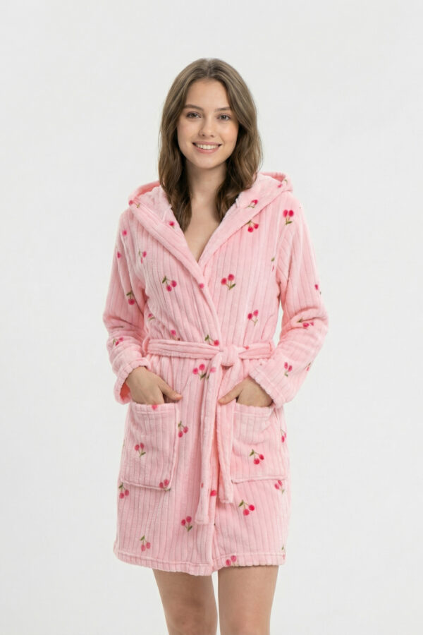 Robe de chambre courte femme rose à capuche imprimé petites cerises LiseBell