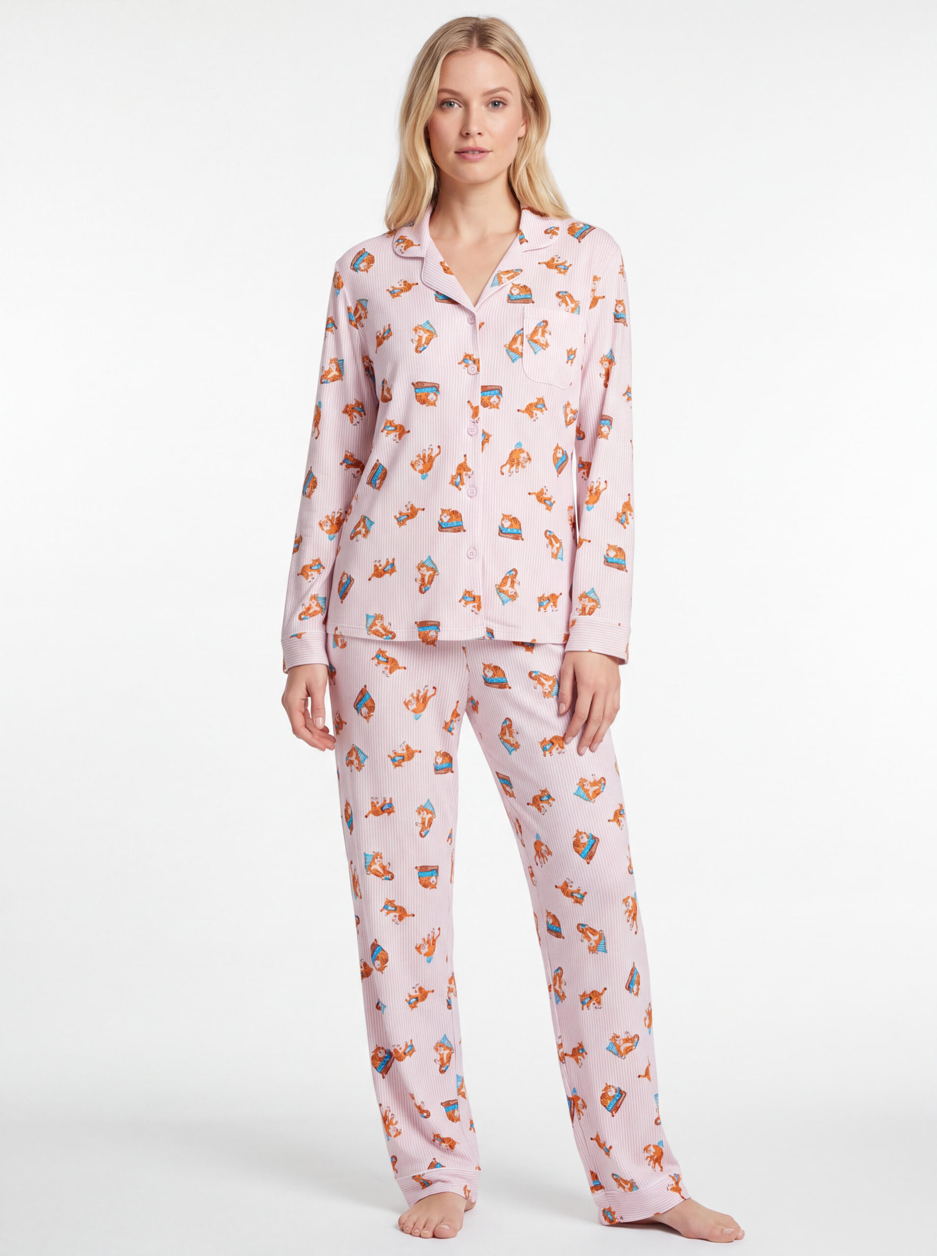 Pyjama boutonné petits chats. Coton et modal parme. LiseBell boutique