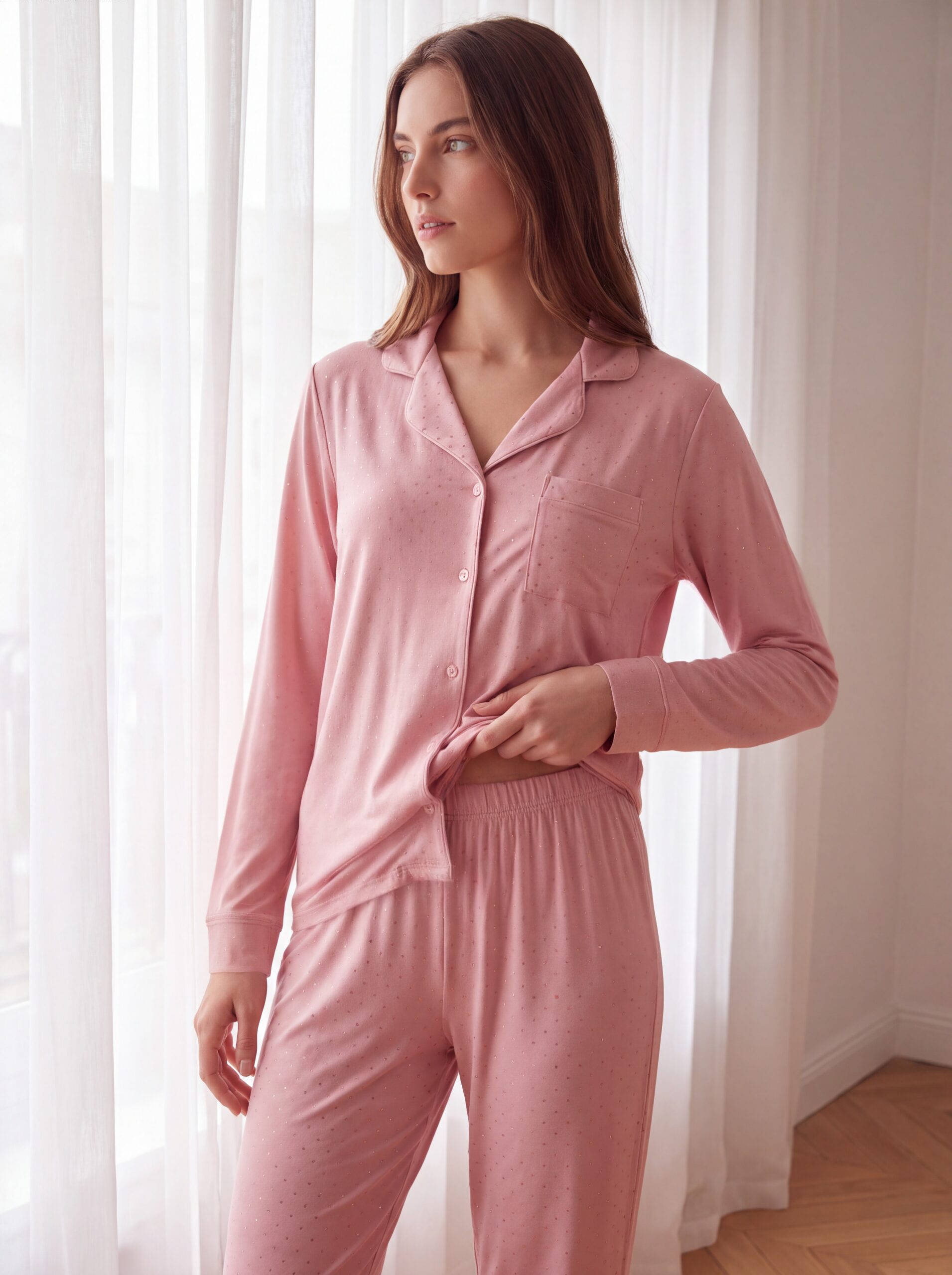 Pyjama ultra doux rose, motifs brillants type lurex . Modèle boutonné , manches longues.