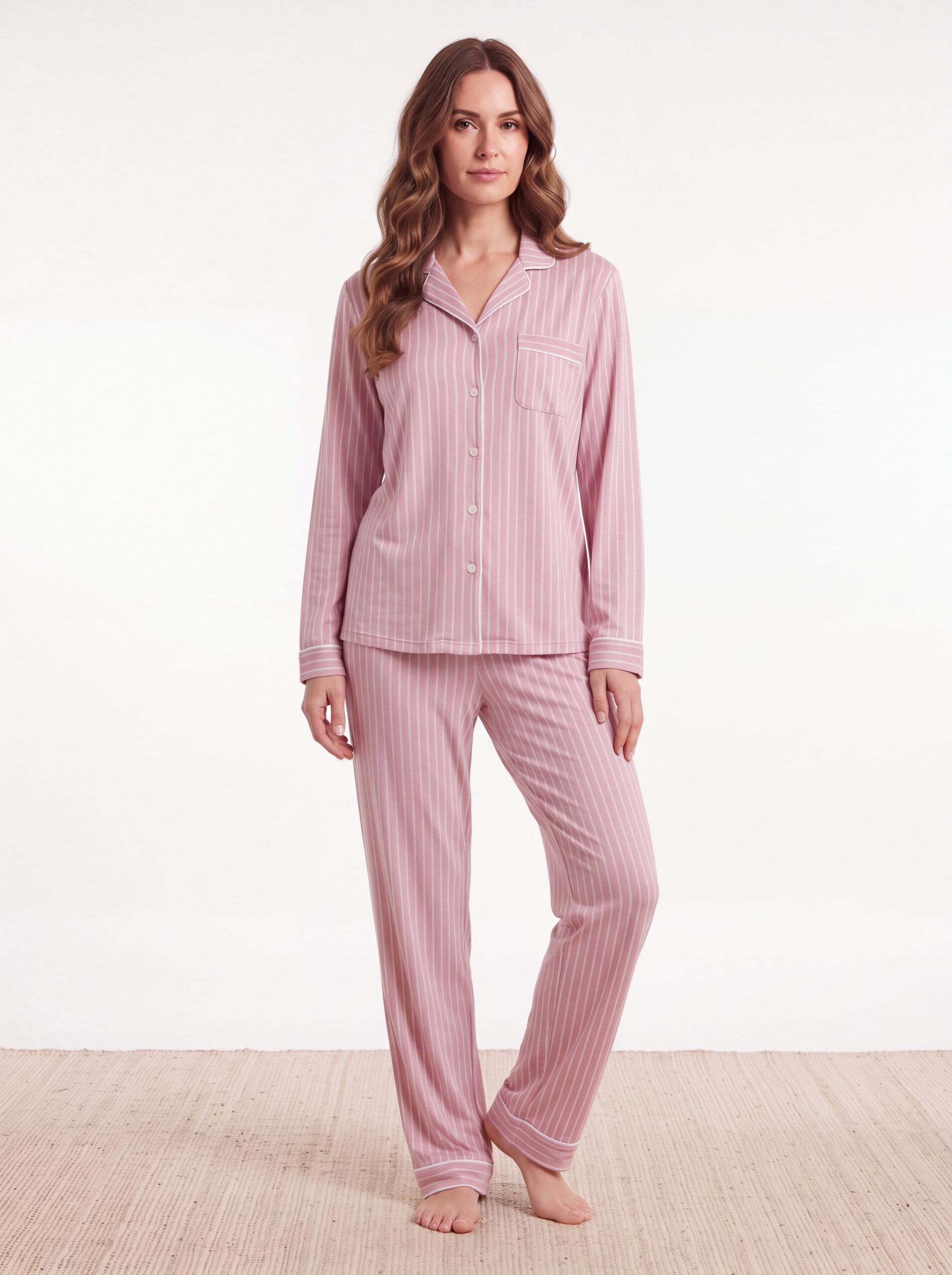 Ensemble de pyjama femme rose à rayures.