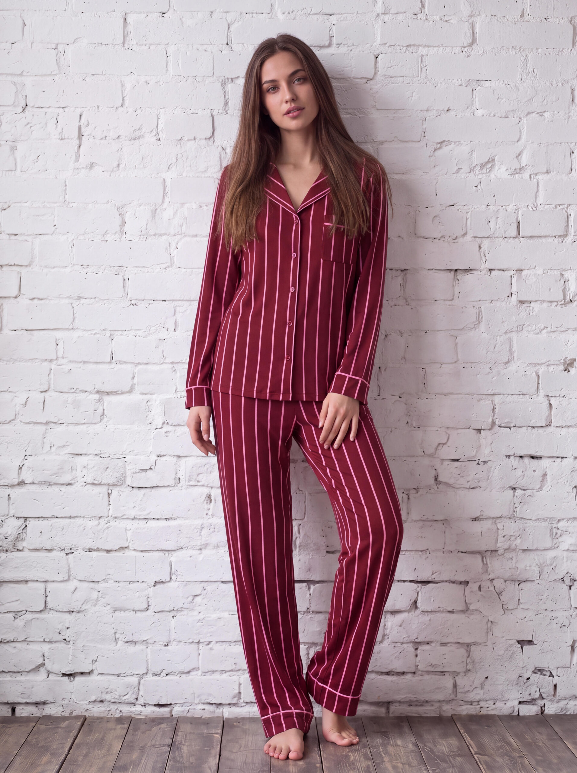 Pyjama ultra doux boutonné. Bordeaux à rayures . LiseBell boutique