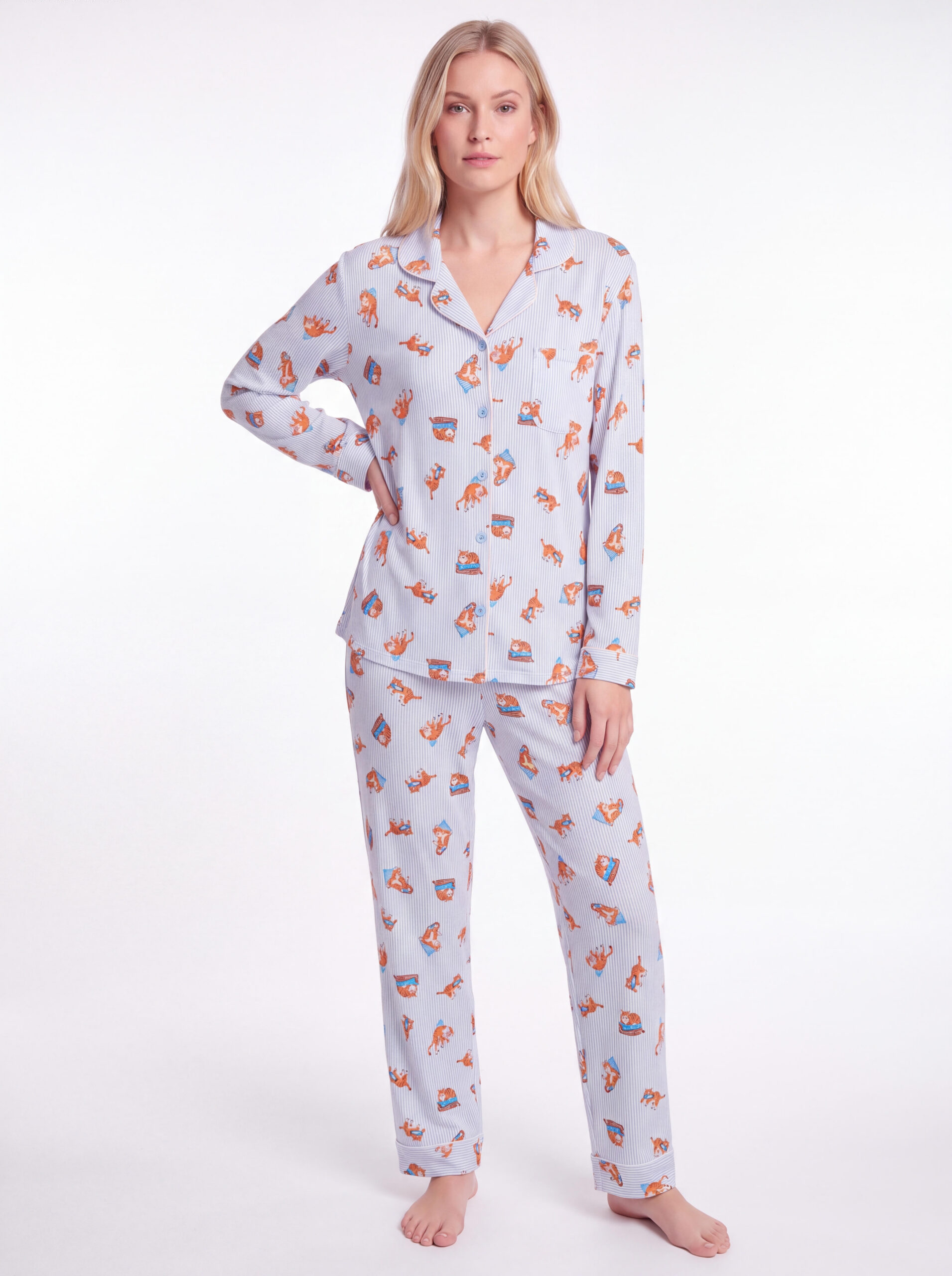 Pyjama doux boutonné , coton modal bleu